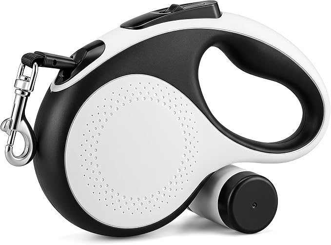26ft Retractable Dog Leash Durable for Dog up to 110lbs, White | Automatic 8M Tangle-free Strong Nylon Leash for Large Dogs,Built-in Waste Bag Dispenser, One-hand Brake & Lock