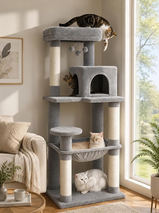 MUTTROS 56.3" Cat Tree with Metal Hammock, 2-Door Condo, 6 Tiers, Gray | 6-tier shelves, Metal plush hammock, 2-door condo house, Sisal posts, Large top perch, For adult cats
