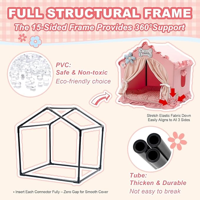 Indoor Dog House with Frame, Cute Dog Tent Bed with Cover Cave | Breathable, Washable, and Foldable House, Suitable for 36-66 Lb, Large (29"×29"×29"), Pink