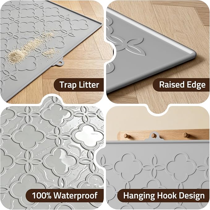 Pawtners Cat Litter Mat Extra Large 42" X 30", Easy to Clean, Gray, 1 Pack | Non-Slip Kitty Litter Mat for Floor, Waterproof & Urine-Proof Cat Litter Mat Litter Trapping Mat, Soft on Kitty Paws