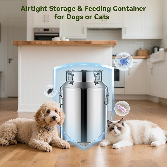 Newget 13lb Stainless Steel Dog Food Storage Container with Scoop | Airtight Seal, Hangable Lid for Easy Access, Scoop Included, for Cat Food, Bird Seed, Rice, Grain, Pantry Storage