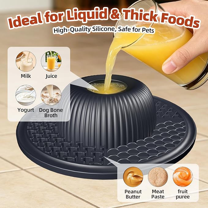 2-in-1 Dog Slow Feeder Bowl & Lick Mat with 2 Rotatable Balls, No-Slip Silicone Anxiety Relief Treat Mat for Dogs & Cats, Dishwasher Safe (Black)