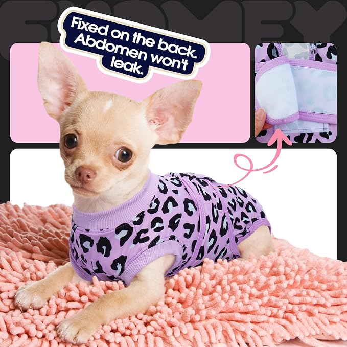 FUAMEY Dog Recovery Suit, Soft Surgical Suit for Dogs Onesie for Surgery | Cone Alternative after Surgery, Abdominal Wound Protector, Anti Lick Suit, Dog Onesie for Surgery Female Purple Leopard M