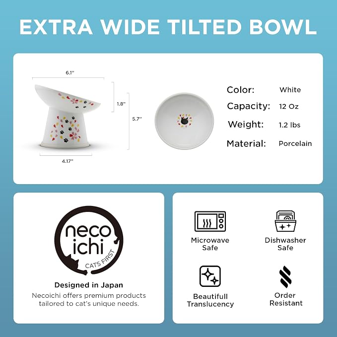 Necoichi Raised Cat Food Bowl, 15° Tilted (Sakura Floral, Extra Wide)