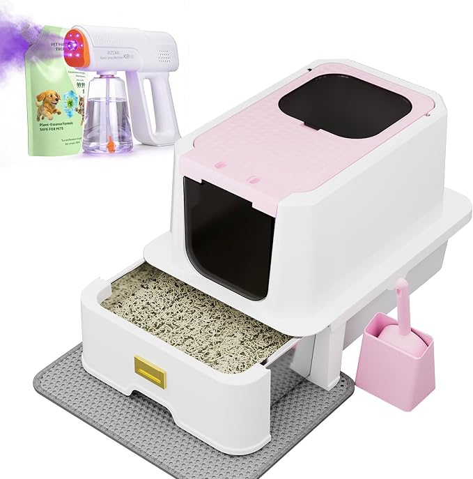 RIZZARI Pink Cat Litter Box: Covered Top Entry with Drawer & Spray | Pull-Out Drawer / Built-In Deodorizer Spray / Top Entry Reduces Mess / Spacious for Large Cats / Pink Blends with Home Decor
