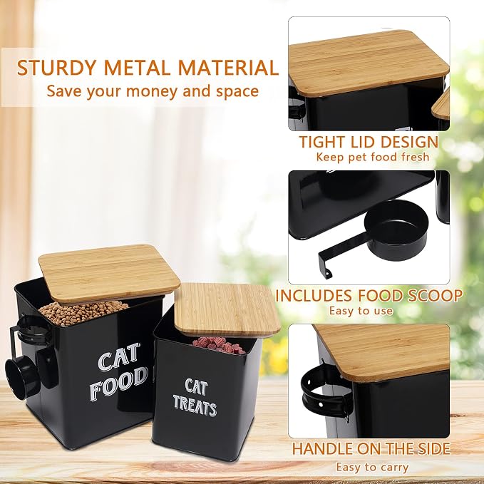 Morezi Cat Food Storage Container Farmhouse Pet Food Treats Bin with Lid and Scoop, Perfect Sturdy Canister Tins for Kitchen Countertop, Shelf, Great Gift for Pet Owners, 5 lbs, Black