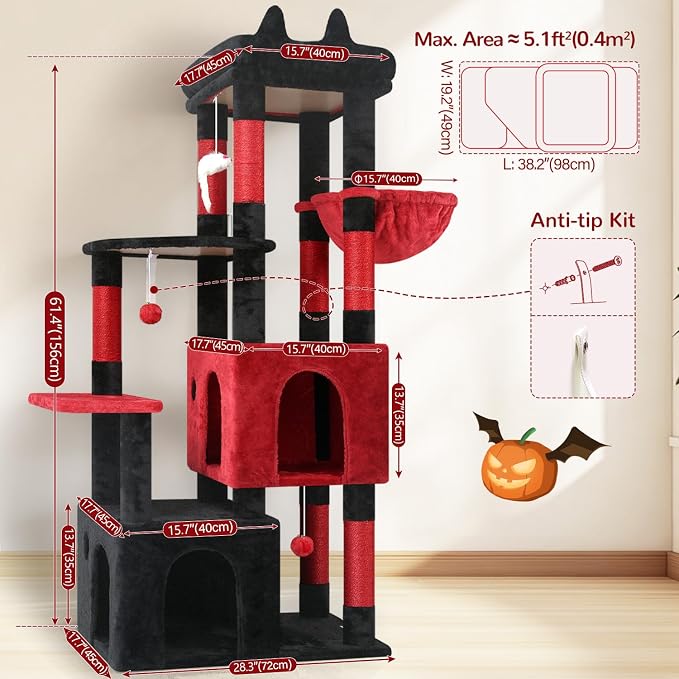 Globlazer Gothic Cat Tower for Indoor Cats, Heavy Duty Goth Cat Trees for Large Cats Adult Big Cats Maine Coon Cat Tree with Scratching Post, Extra Large Top Perch, Cat Condos, F61, Blood-Goth, 61inch