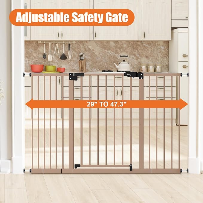 keny 29"-47.3" Extra Wide Baby Gate for Stairs, Auto Close Safety Dog Gate | Pressure Mounted No Drilling Pet Gate for Doorways, Easy Walk Through Stair Gate for Kids Todder, 30" Tall, Brown
