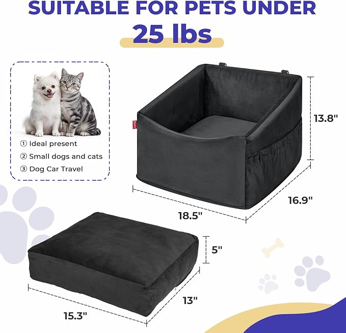 BurgeonNest Small Dog Car Booster Seat Bed Under 25 lbs (Black) | Fully detachable & washable travel bed with side storage pockets and clip-on safety leash for cozy, portable car trips.