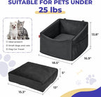 BurgeonNest Small Dog Car Booster Seat Bed Under 25 lbs (Black) | Fully detachable & washable travel bed with side storage pockets and clip-on safety leash for cozy, portable car trips.