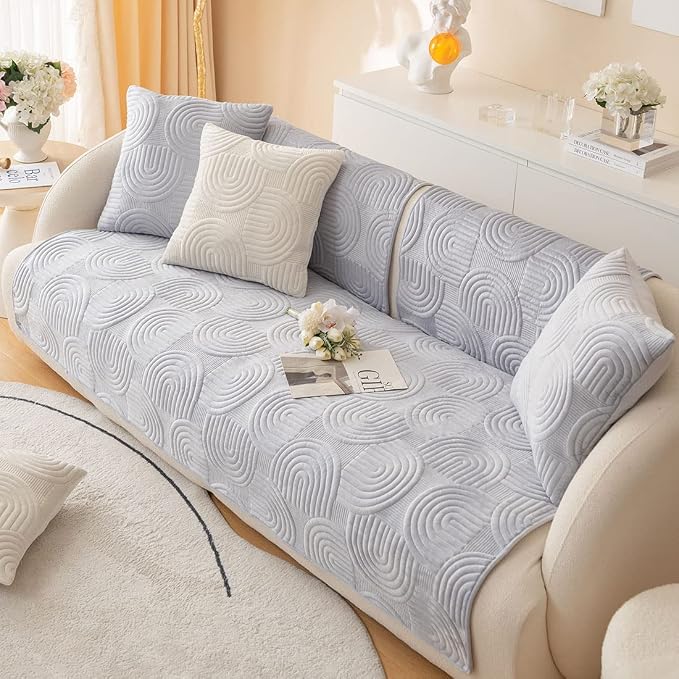 Soft Plush Geometric Quilted Couch Sofa Cover Boho Non Slip Fuzzy Sectional Couch Cover Solid Color Washable Sofa Slipcover Furniture Protector for Kids Dogs Cats (Gray,36"x28")