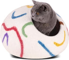 MEOWFIA Cat Cave – Premium Felt Cat Bed Enclosure for Indoor Cats, Handmade Merino Wool (Ivory Rainbow, Medium)