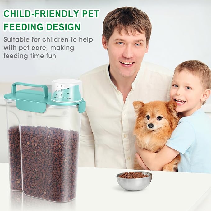 Pet Dog Cat Food Storage Container 5 to 7 lbs with Can Cover and Mixing Spoon, Airtight Travel Pet Food Storage Dispenser with Easy-pouring Spout & Cup, Kibble Dog Treat Bird Seed Container -Cyan