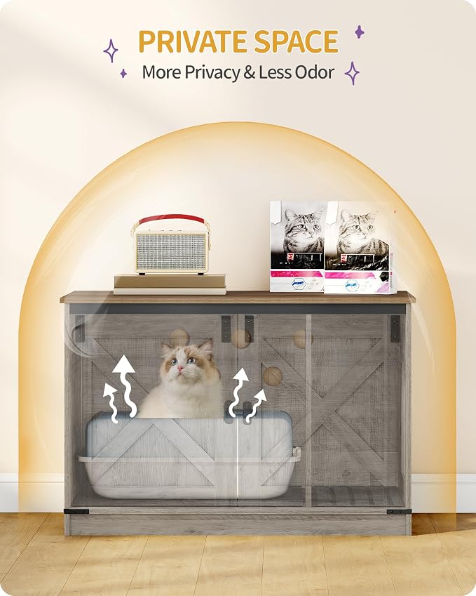Hzuaneri Cat Litter Box Enclosure, Hidden Litter Box Furniture with Divider | Wooden Cat Cabinet with Removable Dividers, Reversible Entrance Left or Right Side, Cat Washroom, Greige CB84605X