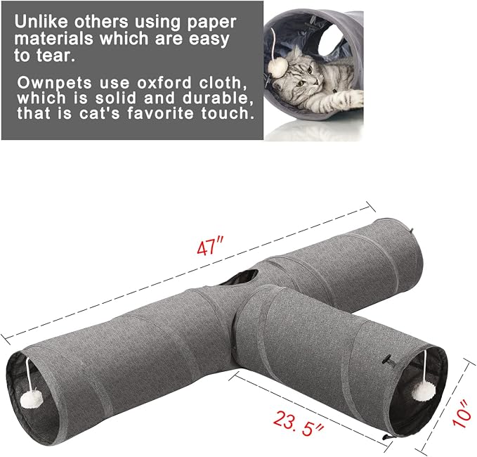 Ownpets 10" Large Cat Tunnel 3-Way T-Shape Oxford Fabric for Large Cat | Silent oxford fabric no noise, expandable 3-channel design, with plush ball ,feather wand, peek hole, for multi-cat household