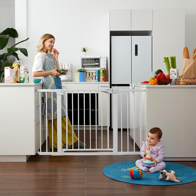 Mumeasy 29.7-51" Extra Wide Baby & Dog Safety Gate for Stairs & Doorways | Pressure/Hardware Mount Child & Pet Gate, Auto Close Easy Access Walk Thru Door for House, Hallway, Indoor & Outdoor, White