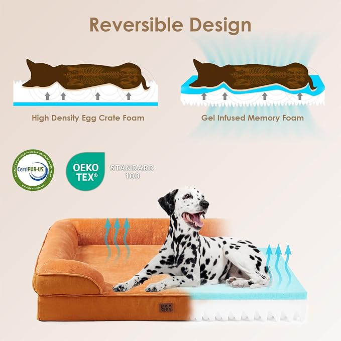 EHEYCIGA Orthopedic Dog Bed Medium Size Dog, Waterproof Washable Pet Beds | Non-Slip Bottom and Egg-Crate Memory Foam Dog Couch Bed with Washable Removable Cover, Pumpkin Orange