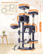 Taoqimiao Cat Tree, 66.2 in Tall Cat Tower with 2 Plush Cat Condos | 7 Scratching Posts, 2 Top Perches, Cozy Hammock & Basket, Indoor Cats, 2 Pompoms & Mouse Toy, Smoky Gray, MS013G
