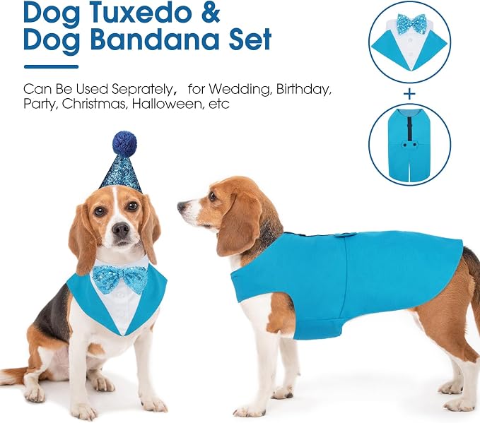 Kuoser Dog Tuxedo, Dog Suit and Bandana Set, Dogs Costume with D-Ring | Formal Dog Outfit with Detachable Bowtie Collar for Wedding, Birthday, Party, Christmas, Halloween, Lake Blue 2XL