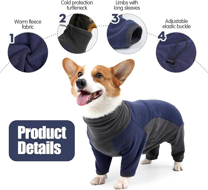 Dog Coat, Warm Fleece Jacket, Windproof Pullover Jumpsuit, Fullbody Pajamas Onesie, Cold Weather Clothes for Medium Large Dog (XSmall, Blue)