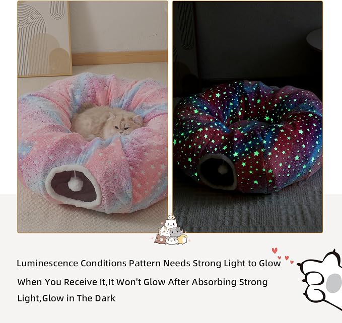 Under Christmas Tree Large Cat Tunnels Bed Tube for Indoor Cats Glows in The Dark Cat Tunnel with Cushion and Plush Ball Toy Longer Playground Toys for Dog Puppy Kitten Rabbit Pet Rainbow