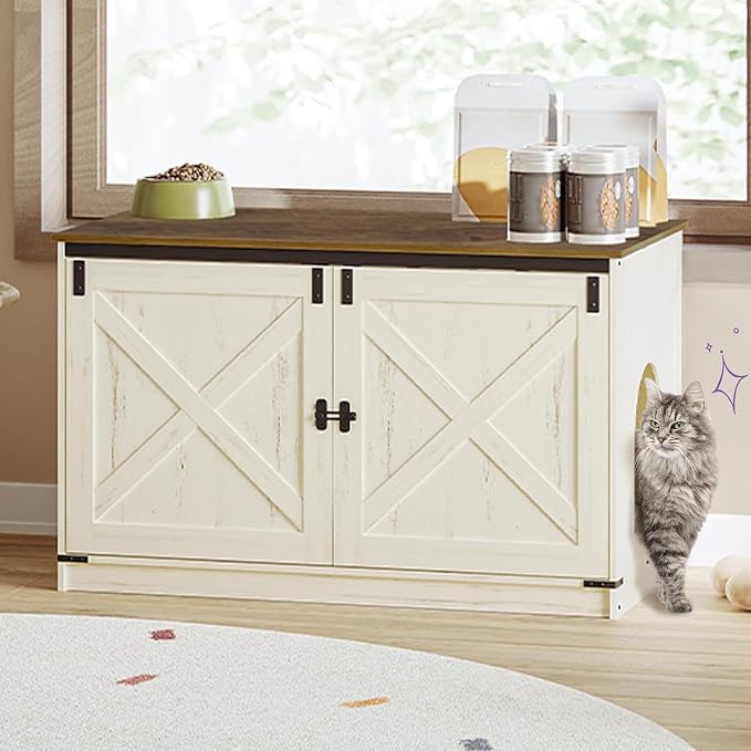 Hzuaneri Cat Litter Box Enclosure, Hidden Litter Box Furniture with Divider | Wooden Cat Cabinet with Removable Dividers, Reversible Entrance Left or Right Side, Cat Washroom, Rustic White Brown CB84714X