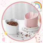 Mumufy 2 Pcs Ceramic Elevated Cat Bowls Tilted Elevated Raised Pet Bowls Anti Vomit Cat Dish for Indoor Stress Free Water Dish Feeder for Puppies, Heart Shaped(Pink, White)