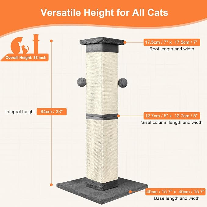 Cat Scratching Post 33 Inch Nature Sisal Scratch Post for Indoor Cats, Large Cat Scratcher Protect Your Furniture, for All Breeds Grey