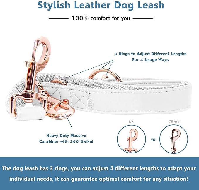 Soft Leather Dog Collar and Leash (6.6') Set - Stylish Rose Gold Heavy Duty Metal Buckle, 4 Adjustable Lengths Leash for Small Medium Large Dogs - Comfortable & Easy to Clean White S(12.2"-16.9")