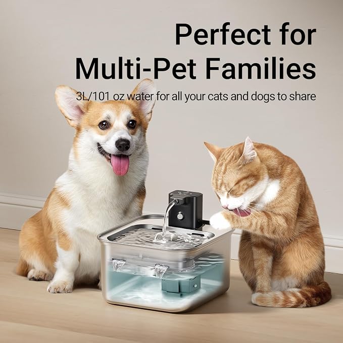 DownyPaws Cat Water Fountain Stainless Steel Wireless Automatic, Metal | Cordless Battery Operated Pet Water Fountain, 101 Oz/3L Water Fountain for Cats Drinking with Motion Sensor
