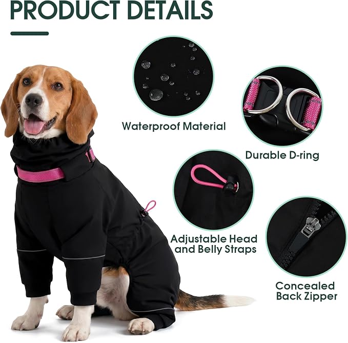 Kouser Waterproof Full-Body Coverage Dog Raincoat, Black XS | Dog Raincoat with Reflective Stripes, Adjustable Dog Rain Jacket with Leash D-Ring, Hooded Poncho for Small Medium Large Dogs