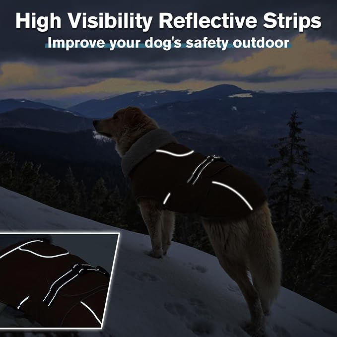 Lelepet Dog Coats for Large Dogs Waterproof Dog Jacket with Adjustable Fit | Reflective Winter Coat Pet Fleece Vest Windproof Cold Weather Coats with Adjustable Buckle & Leash Hole, Brown, XXL