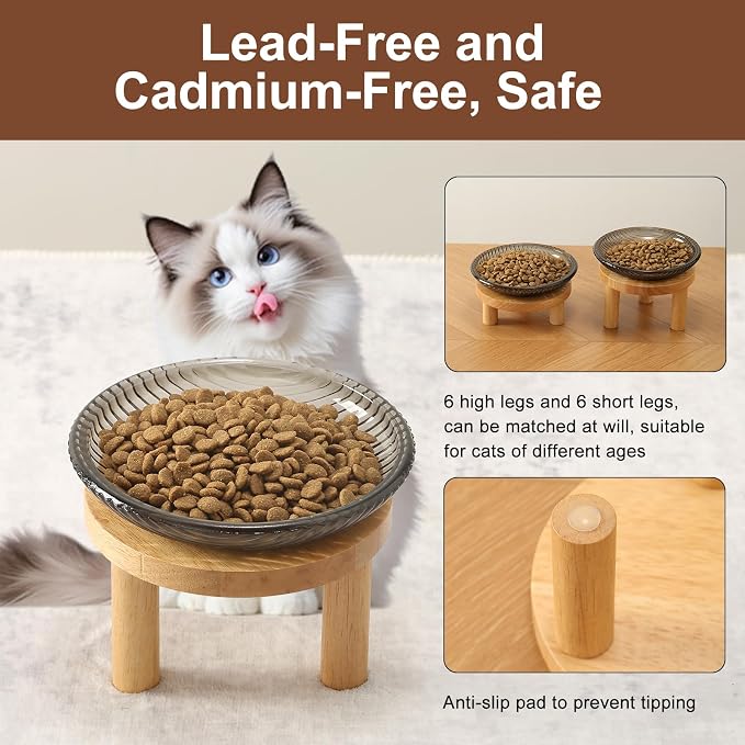 Cat Bowls Whisker Friendly with Wooden Stands. Raised Elevated Glass Whisker Fatigue Cat Bowl for Indoor Cats. 2PCS (Black)