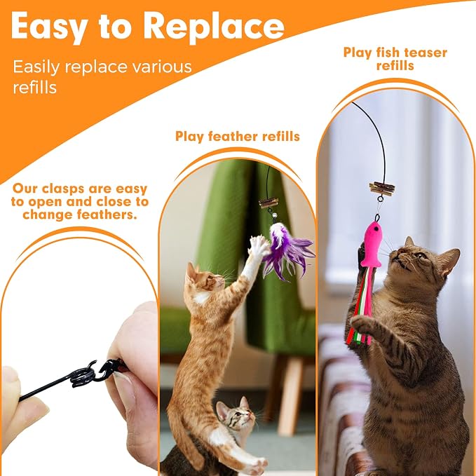 Cat Wand Toys with Silvervine and Bells, 2 Wands and 6 Refills | Includes 2 flexible wire wands and 6 feather and fish refills with silvervine, bells, catnip, and crinkle textures