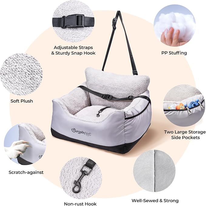 BurgeonNest Dog Car Seat for Small Dogs & Cats Under 25 lbs, Black Grey