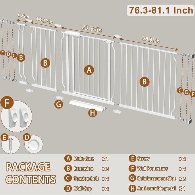 Baby Gate for Doorways Stairs Hallway 76.3-81.1 Inch Wide, Walk Through Child Gates with Pressure Mounted Extention Kit, Indoor Safety Child Gates for Kids or Pets | Walk Through Child Safety Gates with Pressure Mounted Extention Kit, Indoor Large Dog ...