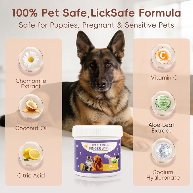 Dog Finger Cleaning Wipes, 60 Pcs Pet Dental Cleaning Finger Wipes Tooth Brushing Kit for Dogs Cats Plaque Tartar Remove, Dog Healthy Mouth Toothbrush Wipe for Pets Oral Care, Coconut Oil