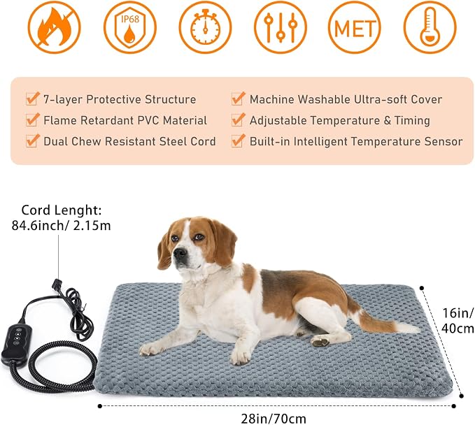 INVENHO Heated Dog Bed, Waterproof Adjustable Temperature Dog Cat Heating Pad with Timer, Indoor Pet Heating Pad for Cats Dogs Electric Pads for Dogs Cats, Pet Heated Pad (M: 28" x 20")