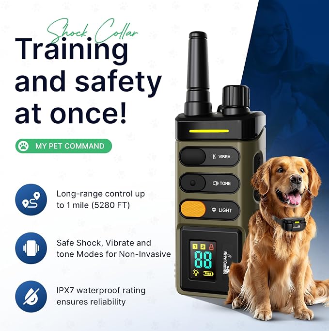 My Pet Command Long Range Dog Training Collar 1 Mile/5280 Ft, 1 Collar Pack | Safe Shock, Vibrate, Tone, Flashing Night Beacon Lights, Rechargeable, Waterproof, Remote Training Device