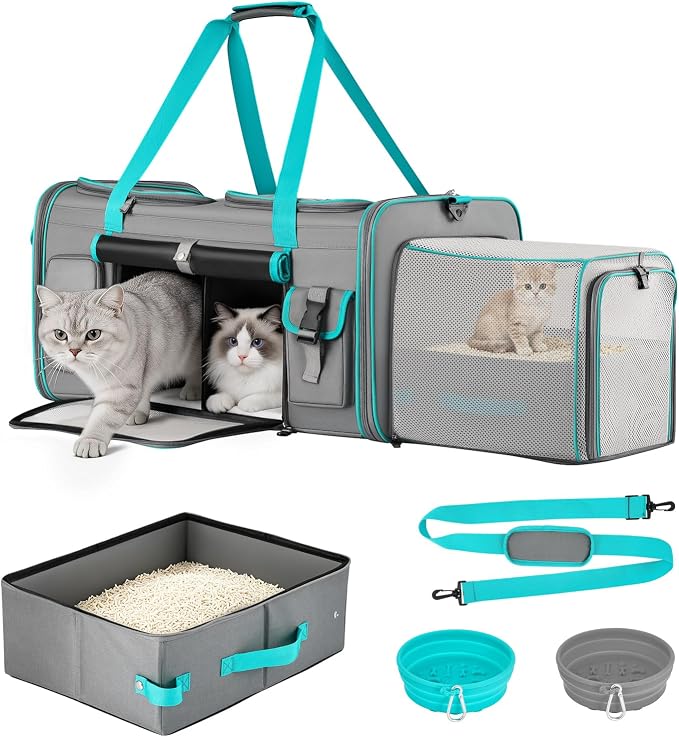 Keaber Cat Carrier for 2 Cats with Expandable Space & Litter Box, Gray | Extra Large Soft Sided Pet Carrier with Detachable Divider, Puppy Travel Carriers for Home, Car, Camping & Vet Visits