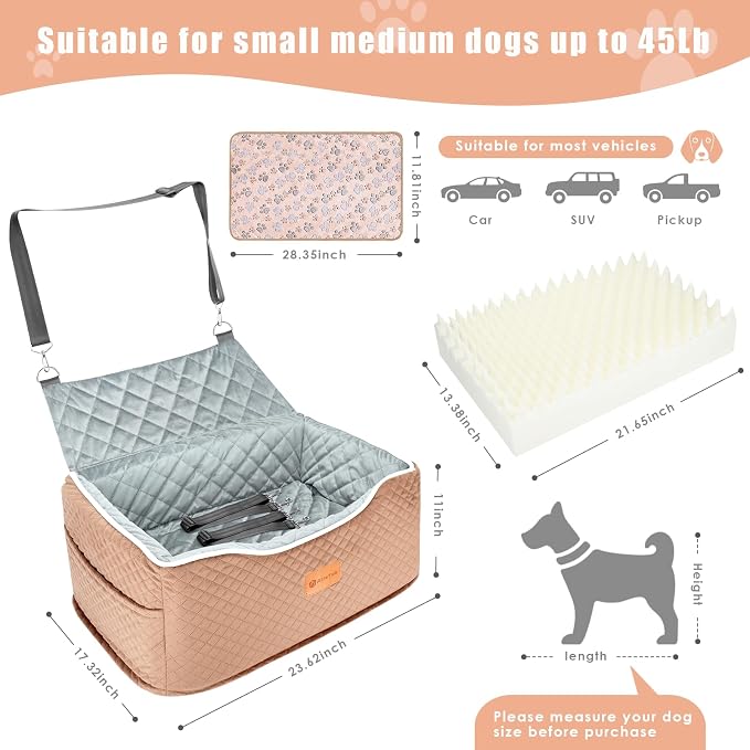 AlfaTok Dog Car Seat, Memory Foam Booster for Medium Dogs up to 45 lbs, Detachable Washable Elevated Travel Bed with Anti-Slip Base and Safety Belt