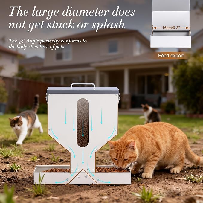 Automatic Cat Feeder 2 Cats Gravity Dual Cat Food Dispenser | Auto Dry Food Dispenser with Strong Anti-Jam System Galvanized Steel Pet Food Station Indoor & Outdoor Double Bowls