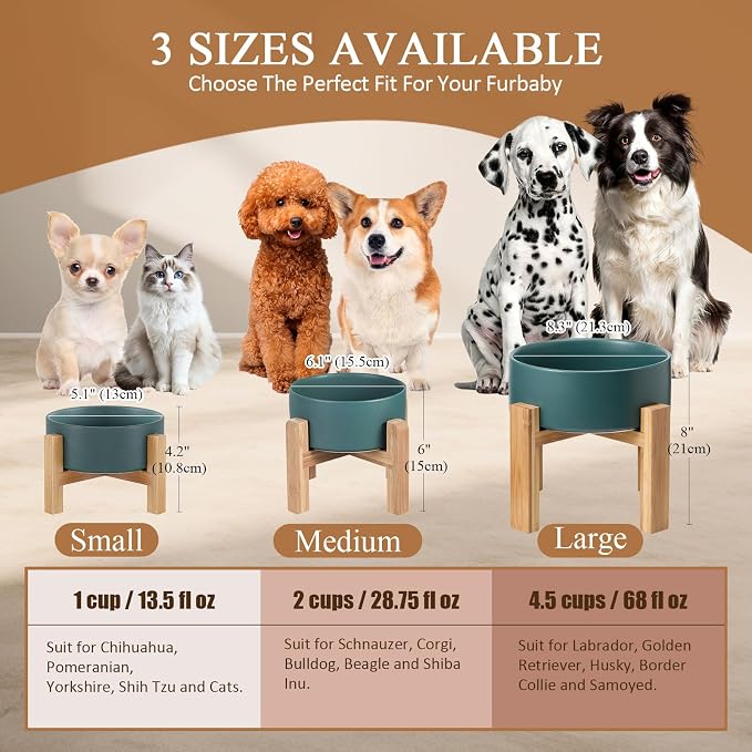 Raised Ceramic Large Dog Bowl - Heavy Weighted Dog Dish with Bamboo Stand - Elevated for Comfortable Feeding - 8.3" W x 8" H - 4.5 Cups (68 fl oz) - Green