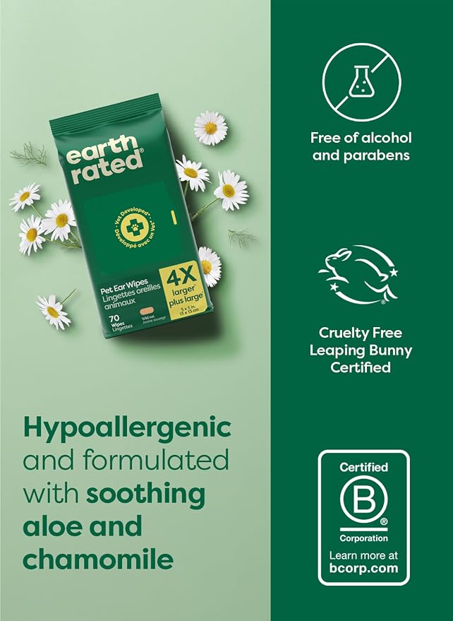 Earth Rated Dog Ear Wipes, Vet Developed, Wild Oat, for Dirt & Wax, 70ct | Pet Ear Wipes for Dogs & Cats, Hypoallergenic Cleaner to Remove Dirt and Wax, Wild Oat Scent