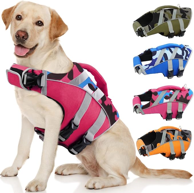 Kuoser Reflective Dog Life Jacket, Dog Life Vest for Swimming Boating | Adjustable Pet Lifejackets, High Flotation Doggie Swimsuit with Rescue Handle for Small Medium Large Dogs