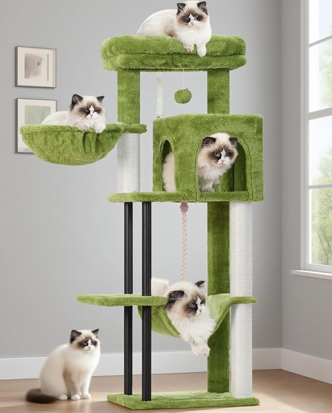 Gitelsnour Cat Tree, 43.3'' Cat Tower with Hammock for Kittens GCT004SGR | Cat Condo House for Small Indoor Cats, Basket, Scratching Post, Large Platform, Sturdy Steel Tube, Sisal Rope, Green