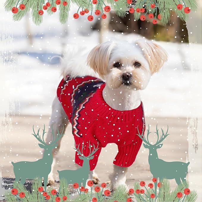 Queenmore Christmas Dog Sweater, Knitted Pullover Turtleneck Outfit, Warm Clothes for Small Dogs Boys or Girls S