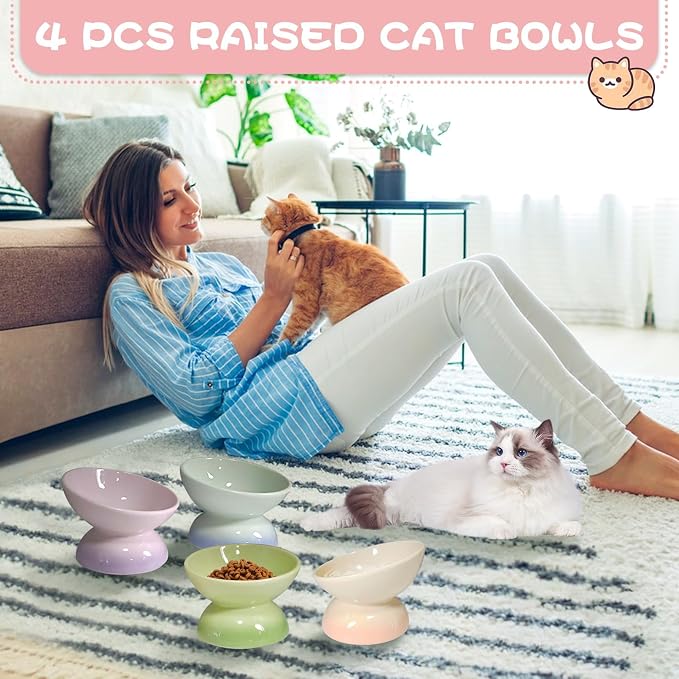kathson 4 Pcs Ceramic Raised Cat Bowls, Elevated Tilted Cat Food Bowl, Anti Vomiting Pet Food Bowl, Colorful Porcelain Pet Feeder Dish for Cats and Small Dogs, Stress Free(Blue,Green,Purple,Pink)
