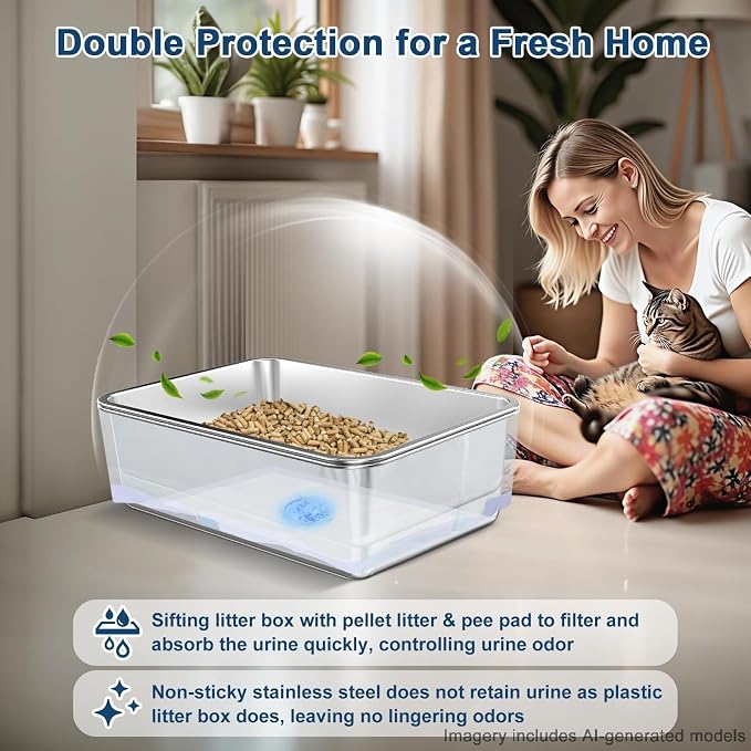 SuzziPaws XL Stainless Steel Sifting Litter Box for Pine Pellets Multi-Cats | 23.6" x 15.7" x 6" Open Top Sifting Litter Box with Pee Pads and Liners for Odor Control with Easy-Clean Tray