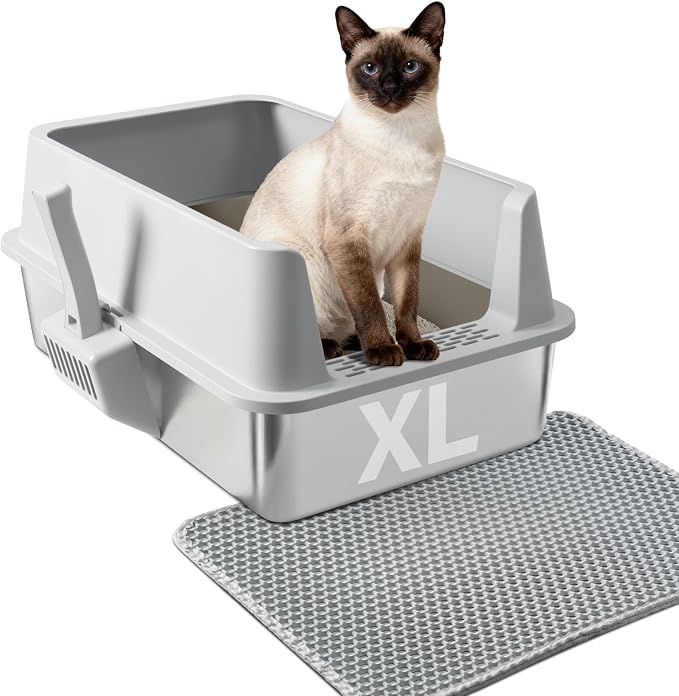 Stainless Steel Litter Box for Big Cats, Large Metal Litter Box | Easy to Clean, Includes Scoop and Mat,High-Sided，L to XL Cat Litter Boxes for Anti Urine Splash, Odor Control
